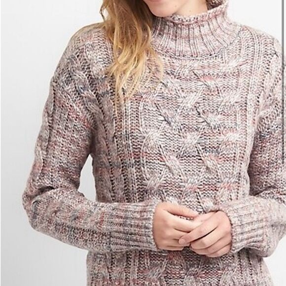 Gap grey pink Cable knit mock neck chunky wool alpaca fisherman sweater S - Picture 1 of 10